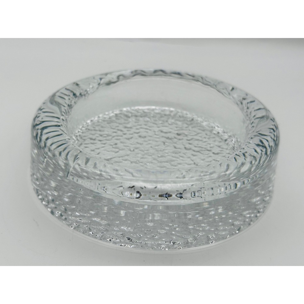 Vintage Textured Clear Glass Ashtray Heavy Round Mid Century Modern Ice Bark 6"